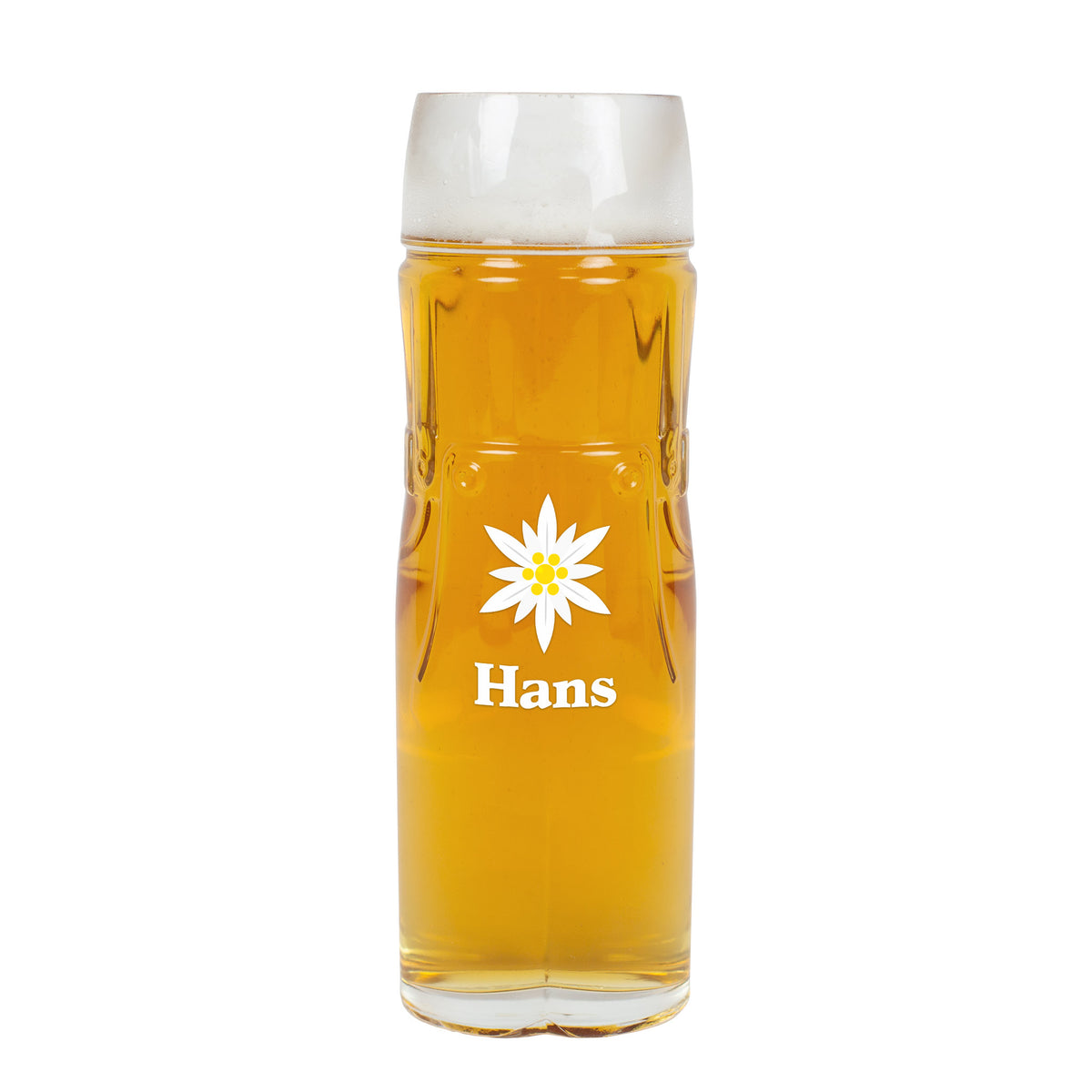 Bierglas Lederhose mit Edelweiß und Name Hans – freigestellt