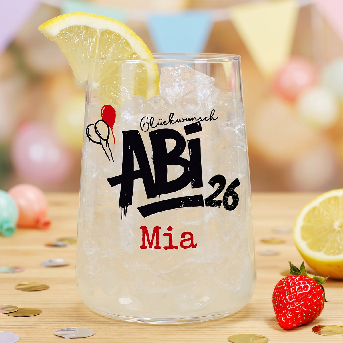 Abitur 2026 Glas mit Name personalisiert und Abi 26 Motiv als Geschenk zum Schulabschluss