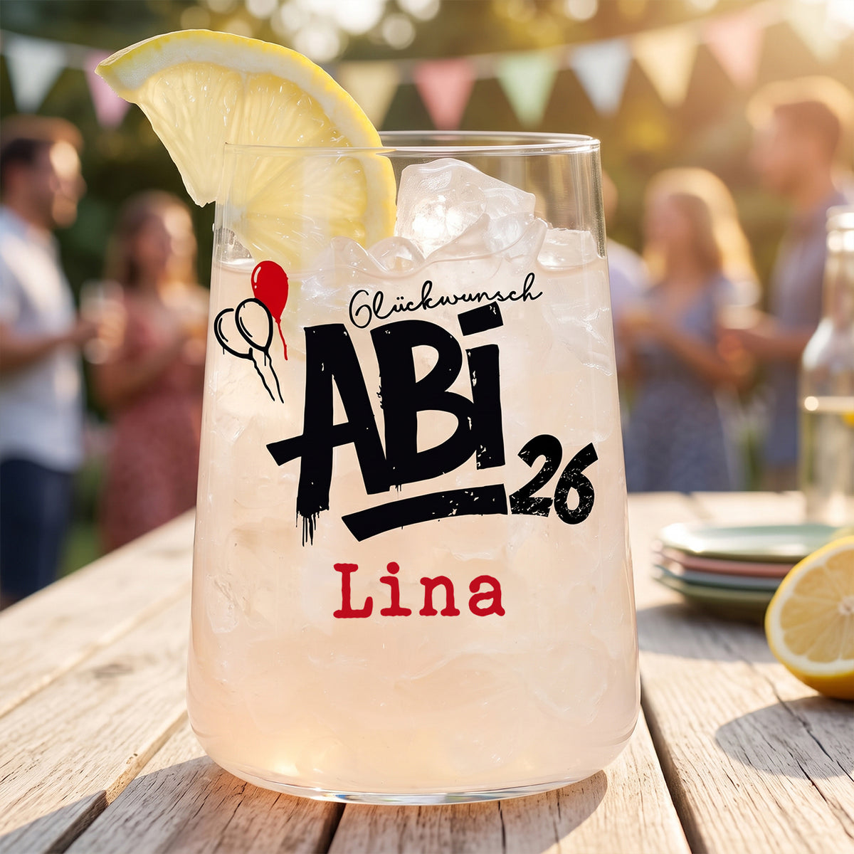 Personalisiertes Abi 2026 Glas mit Name für die Abitur Party im Sommer