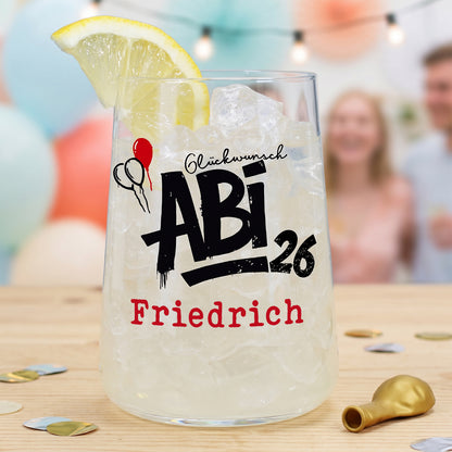 Trinkglas zum Abitur 2026 mit Name und Abi 26 Motiv als Geschenk für Absolventen