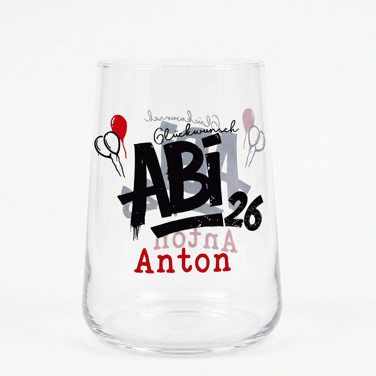 Leeres Abitur 2026 Glas mit Name und Abi 26 Motiv auf weißem Hintergrund