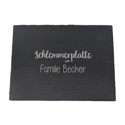 Schieferplatte mit Gravur „Schlemmerplatte von Familie Becker“