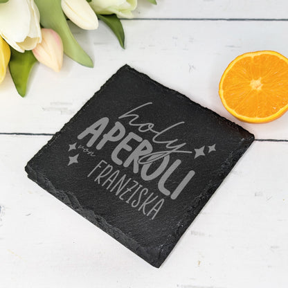 Gravur „holy Aperoli von Franziska“ auf Schiefer-Untersetzer mit Orangenscheibe