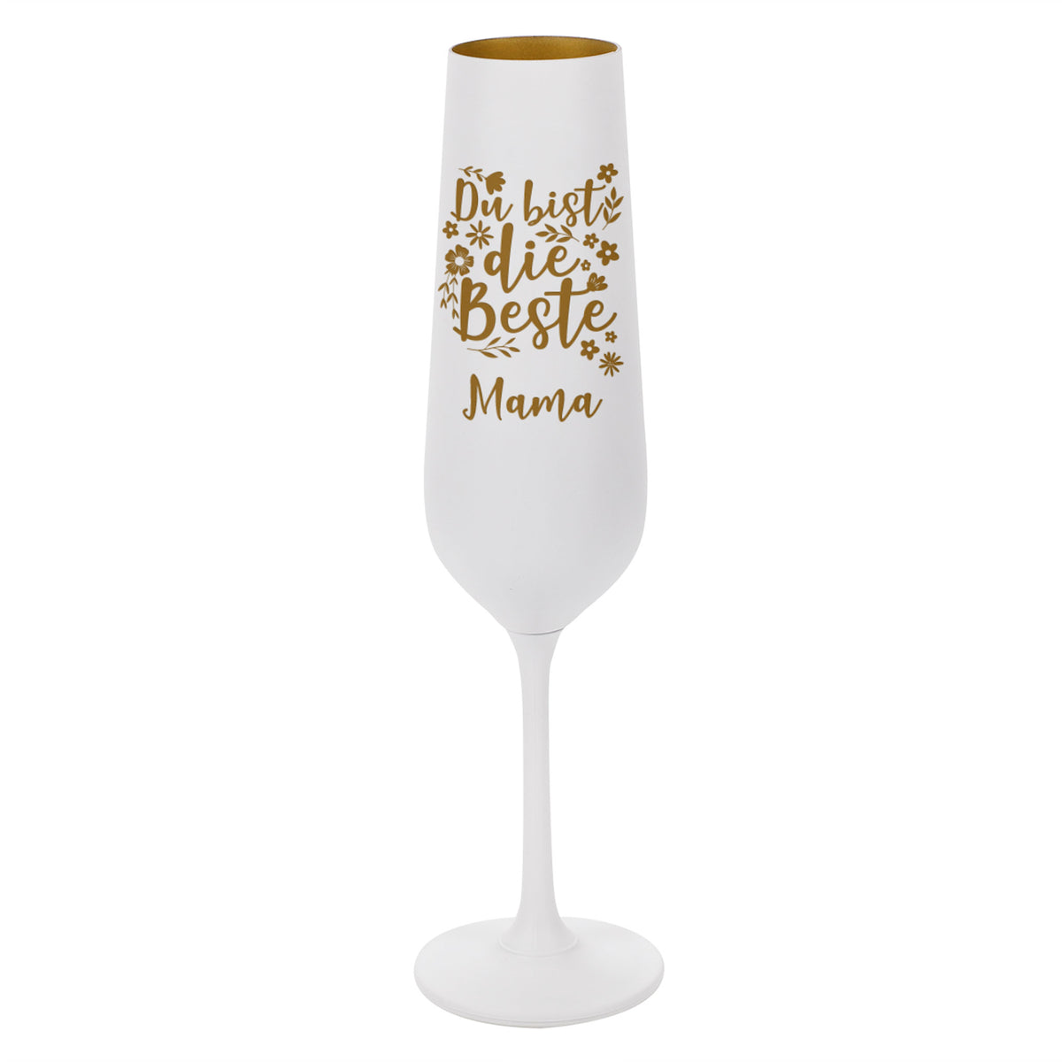 Freigestelltes Sektglas mit Gravur Du bist die Beste, Blumenmotiv und Wunschname – Weiß-Gold-Design