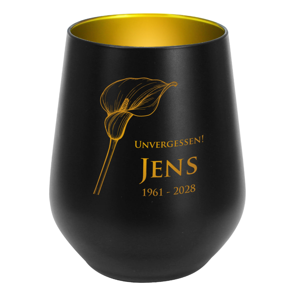 Schwarzes Windlicht mit Calla-Motiv, graviert mit "Unvergessen! Jens 1961–2028", freigestellt auf Weiß