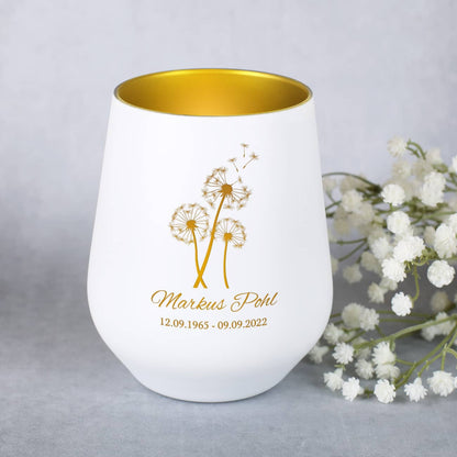 Trauerlicht in weiß mit Pusteblume und persönlicher Gravur
