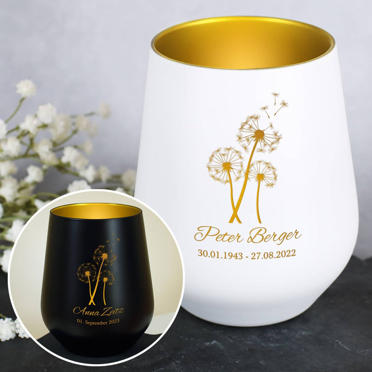 Windlicht in weiß oder schwarz mit goldener Innenseite, Pusteblume und individueller Gravur