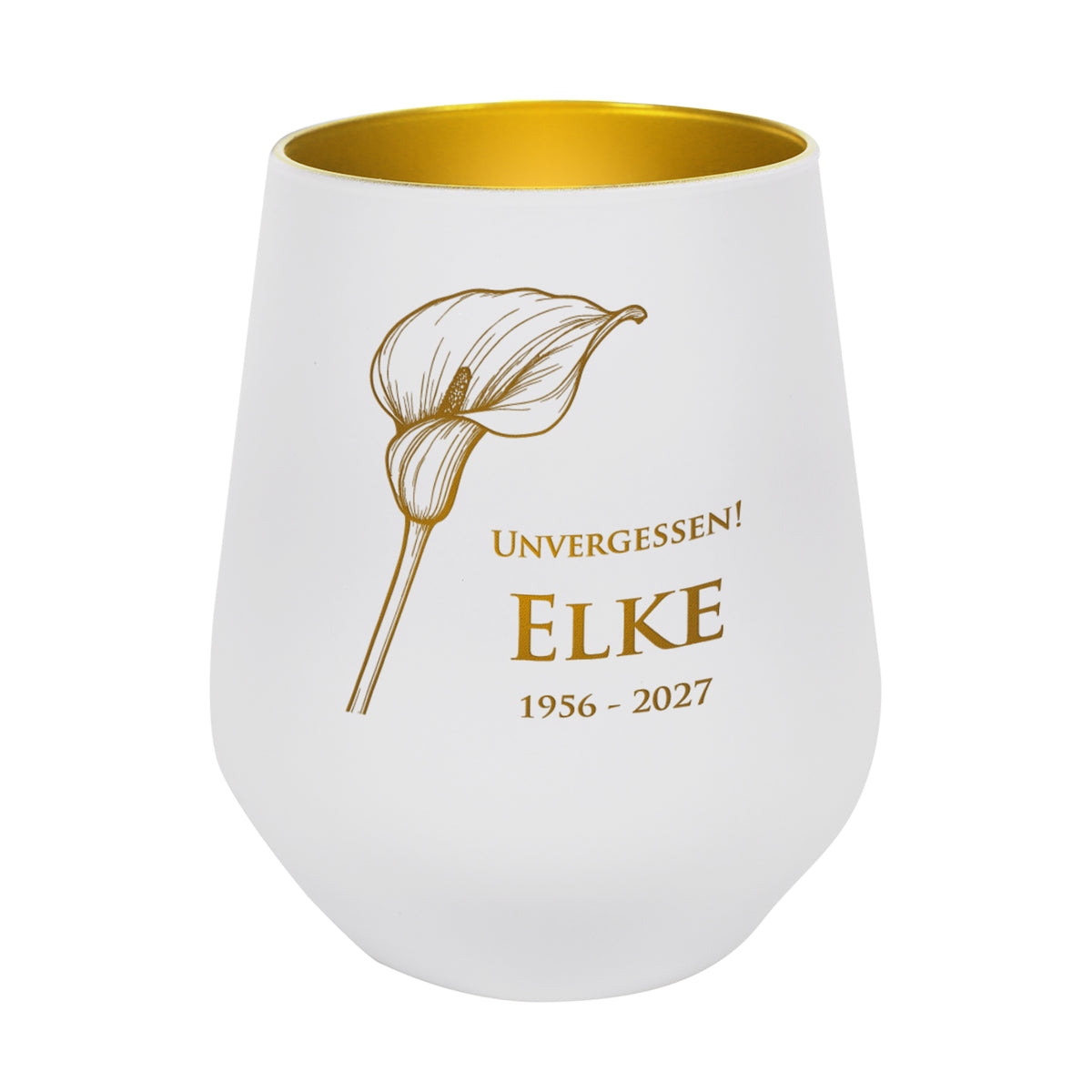 Weißes Windlicht mit Calla-Motiv, graviert mit "Unvergessen! Elke 1956–2027", freigestellt auf weißem Hintergrund