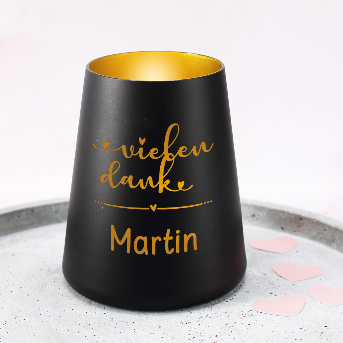 Schwarzes Dekolicht mit vielen Dank Schriftzug, Name Martin und goldfarbener Innenseite