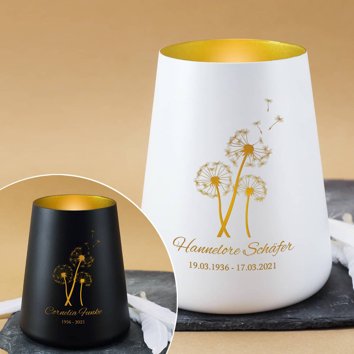Trauerlicht in Schwarz oder Weiß mit Gravur von Pusteblumen, Name und Datum