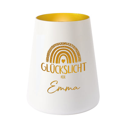Weißes personalisiertes Glückslicht für Emma mit Regenbogen, Herz und goldfarbener Innenseite