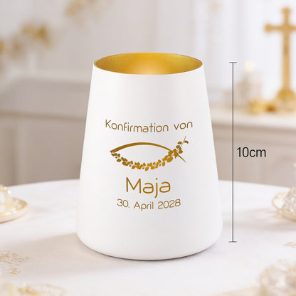 Personalisiertes Windlicht zur Konfirmation mit Name Maja, Datum und Maßangabe 10 cm Höhe