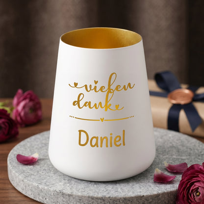 Weißes personalisiertes Windlicht mit vielen Dank Motiv, Name Daniel und Geschenkdeko