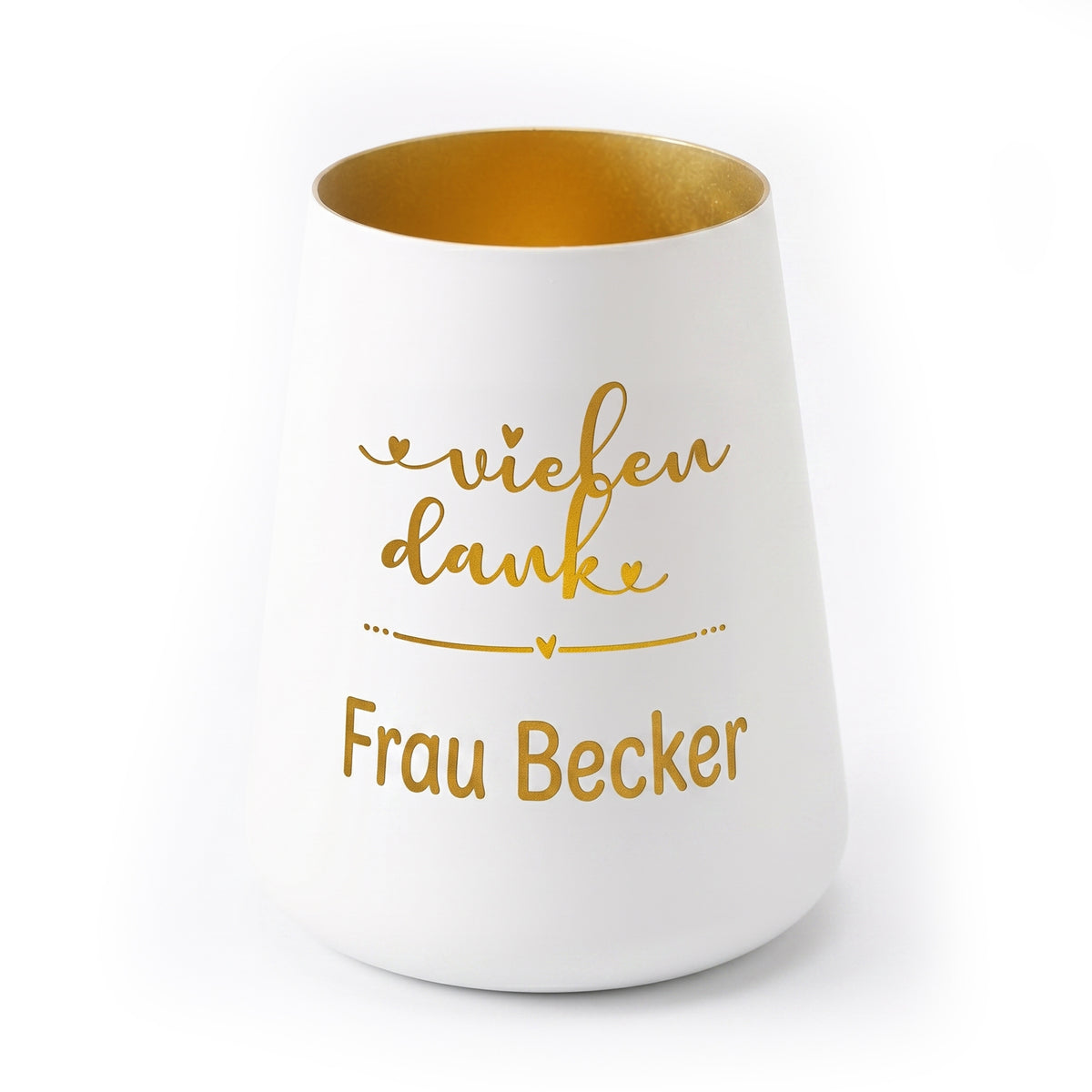 Weißes Windlicht mit vielen Dank Motiv und Wunschname Frau Becker vor weißem Hintergrund