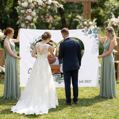 Brautpaar schneidet Herzmotiv aus Hochzeitsbanner mit Foto von Clara und Tobias