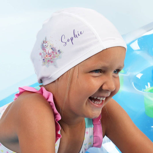 Kinderbadekappe mit Einhorn-Motiv und Name bedruckt