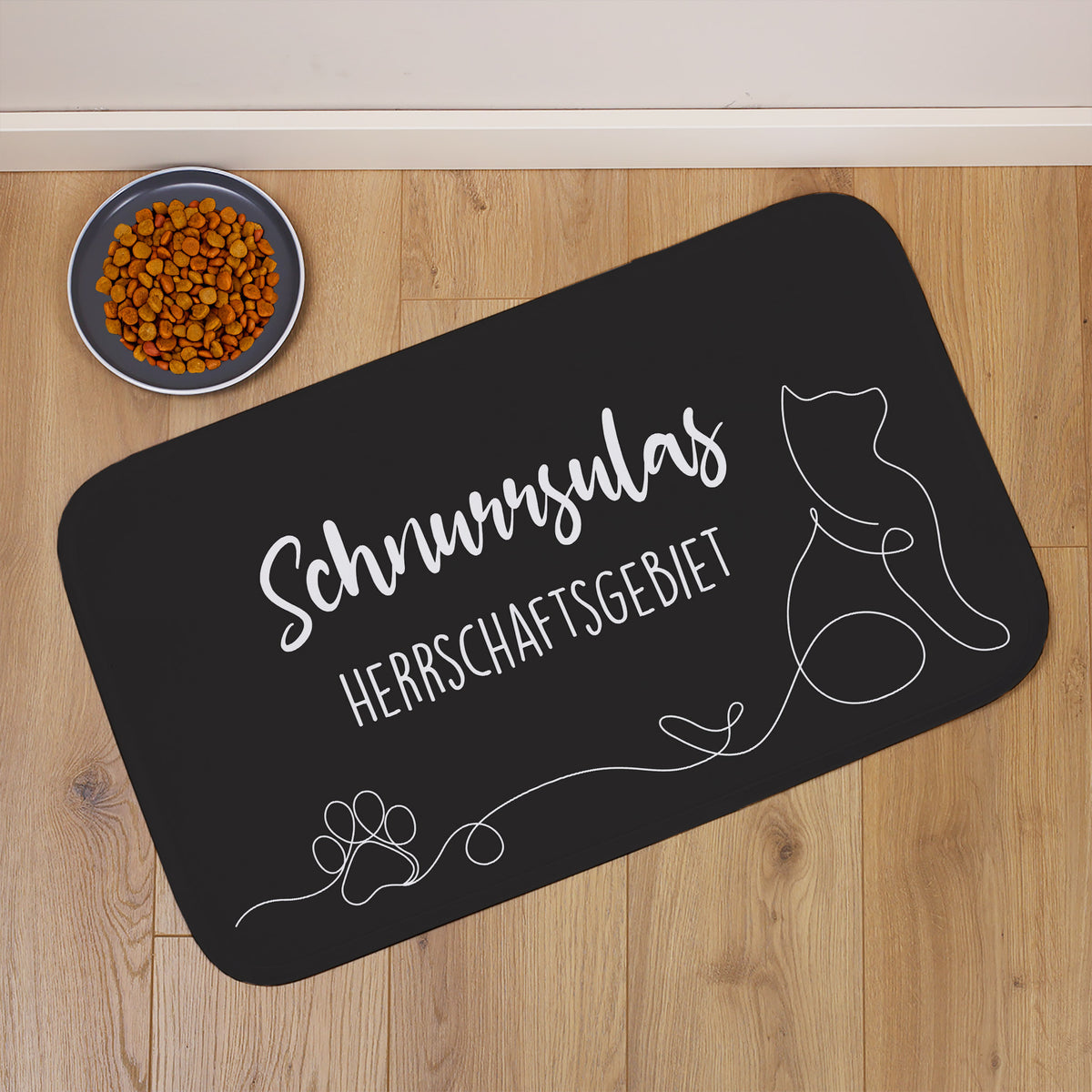 Personalisierbare Katzenmatte mit eigenem Text | Rutschfeste Napfunterlage für Katzen