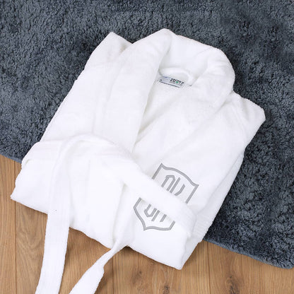 Weißer Bademantel mit Initialen bestickt in Silber, Unisex Gr. S-XL