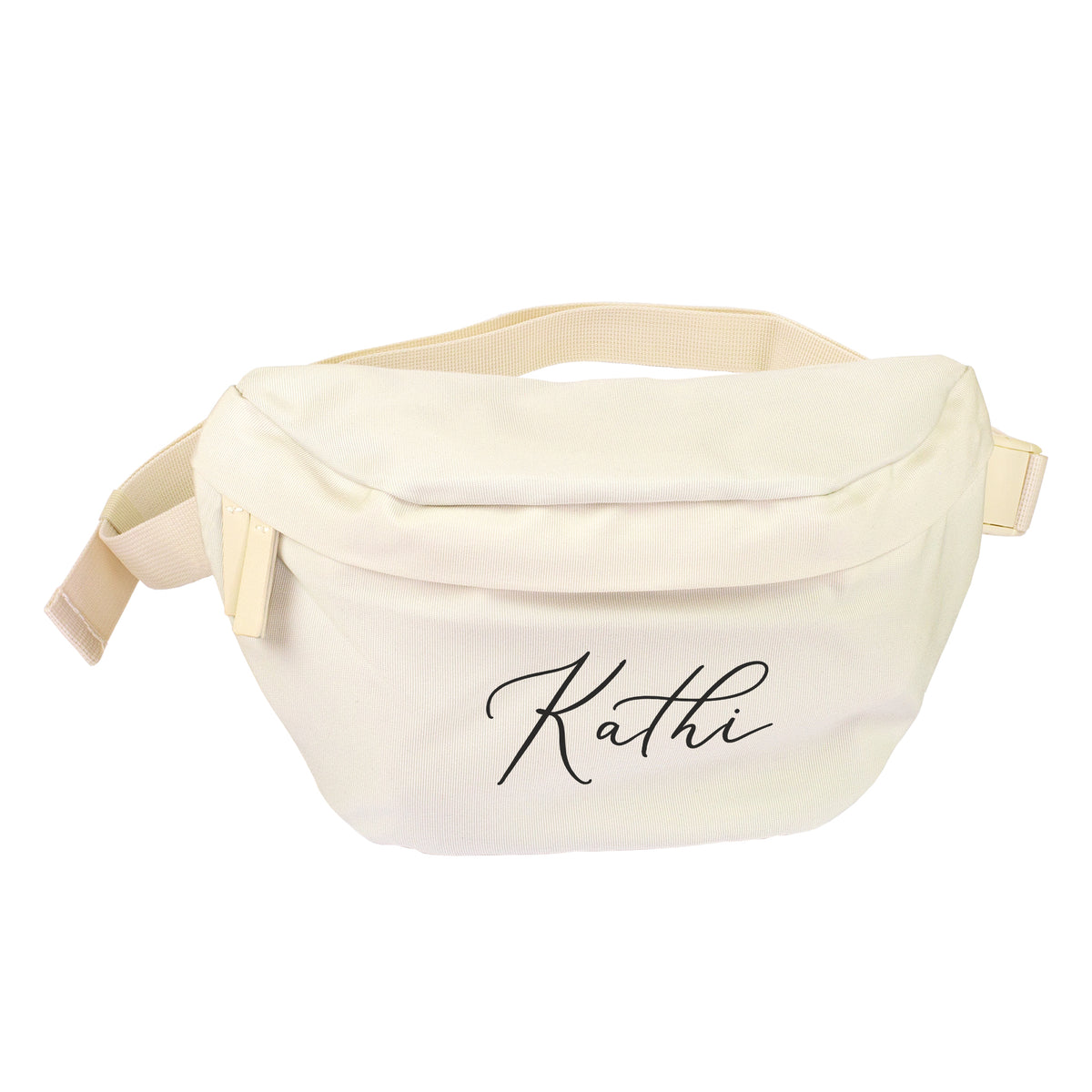 Cremefarbene personalisierte Bauchtasche mit Name Kathi auf weißem Hintergrund