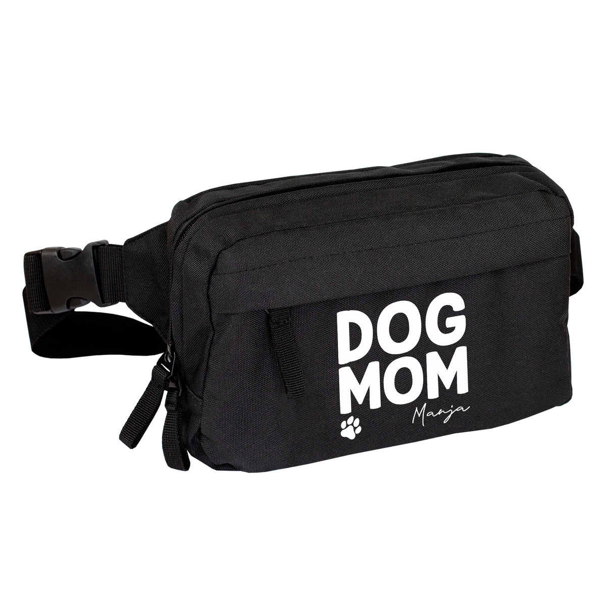 Schwarze Dog Mom Bauchtasche mit Name Manja und verstellbarem Gurt freigestellt