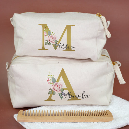 Personalisierte Canvas Taschen in 2 Größen mit Initiale, Name und Blumen Motiv