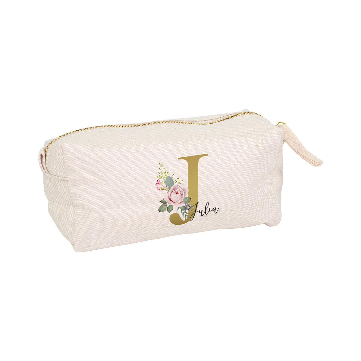 Kleine Tasche mit Initiale J, Blumen Motiv und Name Julia auf weißem Hintergrund