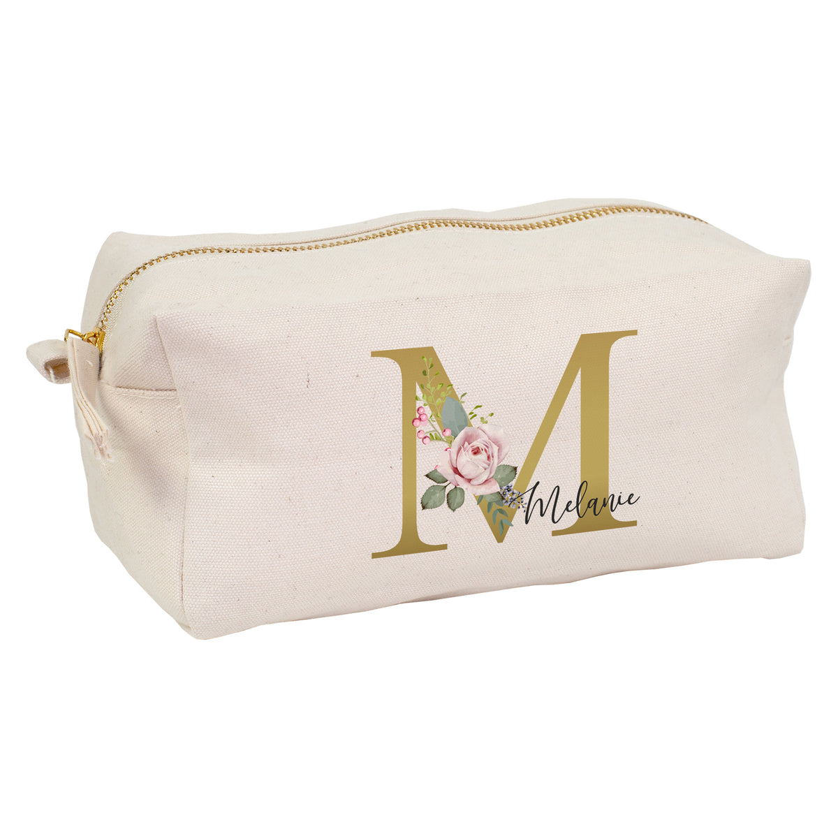 Beautycase mit großer Initiale M, Blumen Motiv und Name Melanie personalisiert
