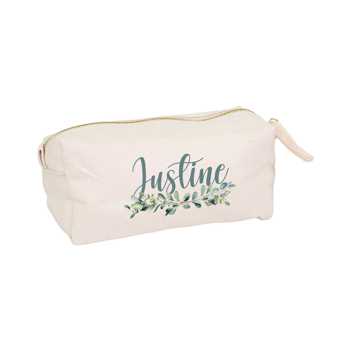 Kleine personalisierte Canvas Tasche mit Name Justine und Eukalyptus Motiv auf weißem Hintergrund