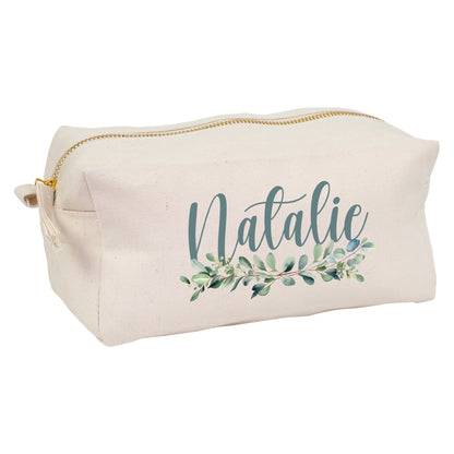Großes personalisiertes Beautycase mit Name Natalie und Eukalyptus Motiv aus naturfarbenem Canvas