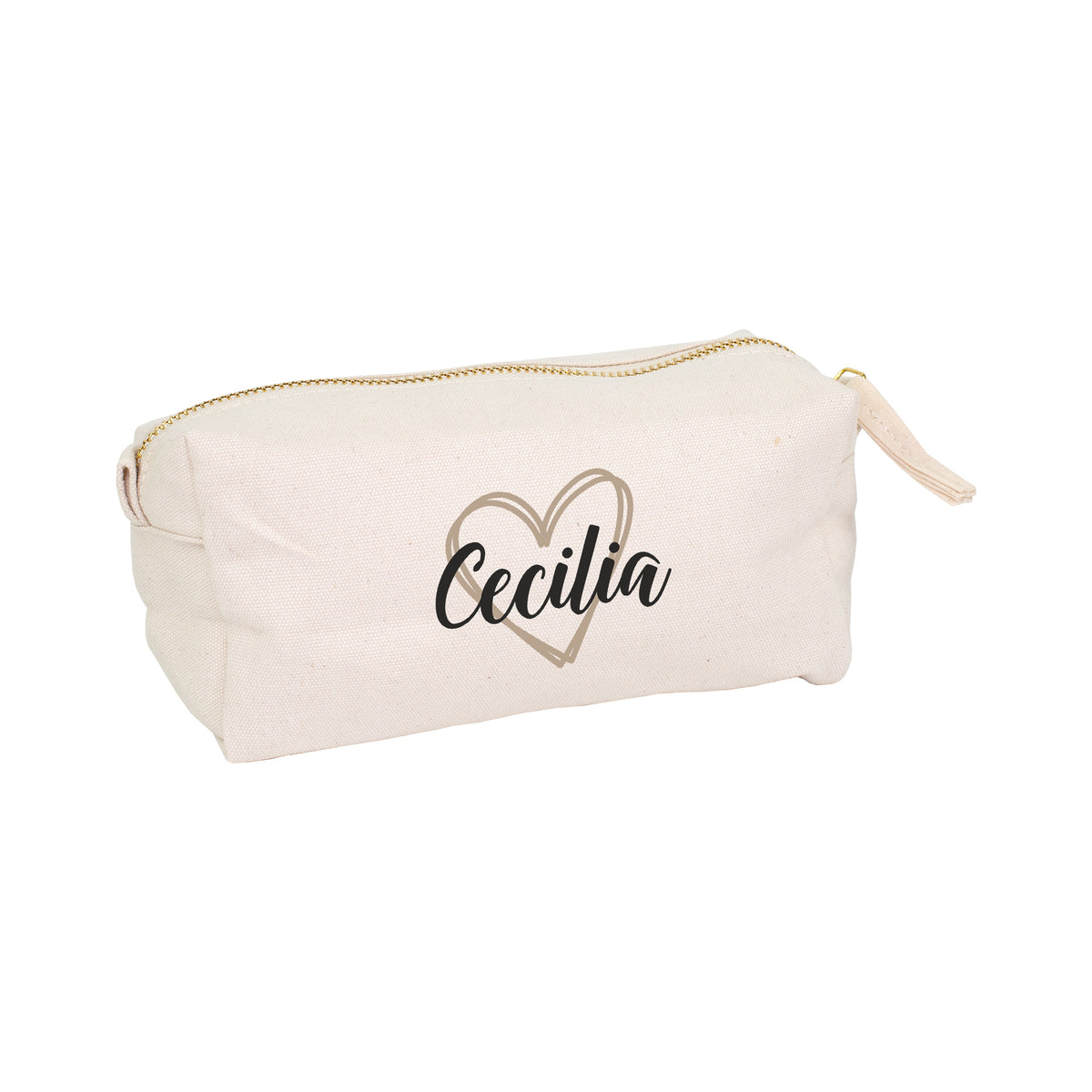 Kleines Schlampermäppchen mit Herzmotiv und Name Cecilia auf weißem Hintergrund