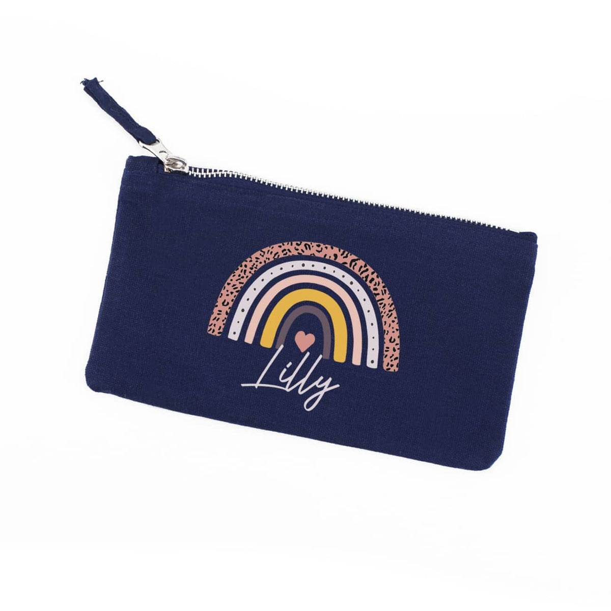 dunkelblaues Beautycase mit Regenbogen-Motiv und Name