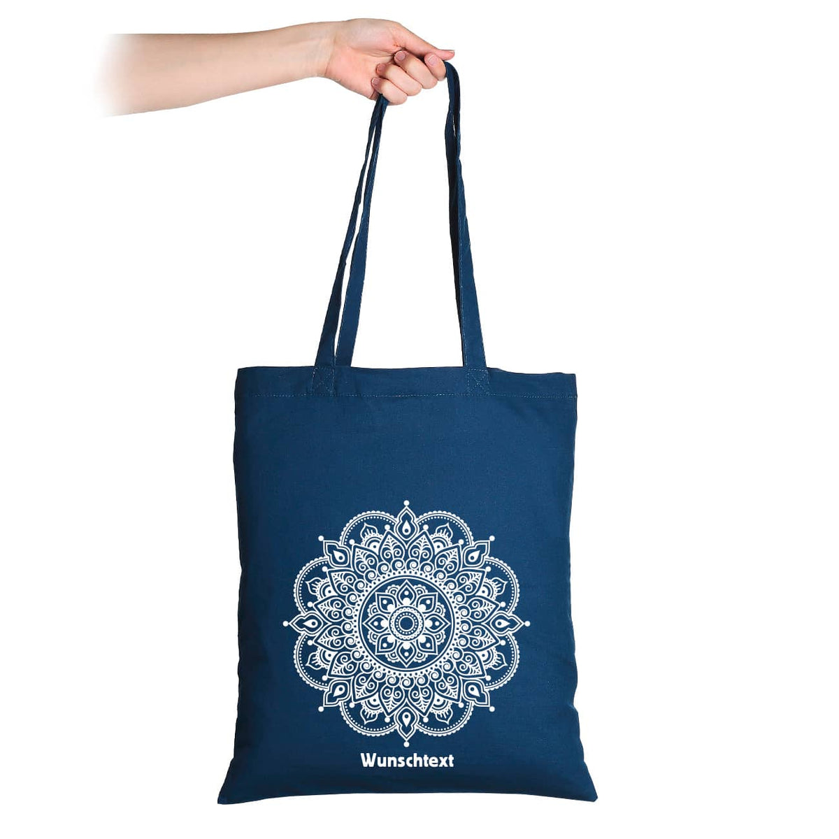 Beutel in dunkelblau mit Mandala und Wunschtext