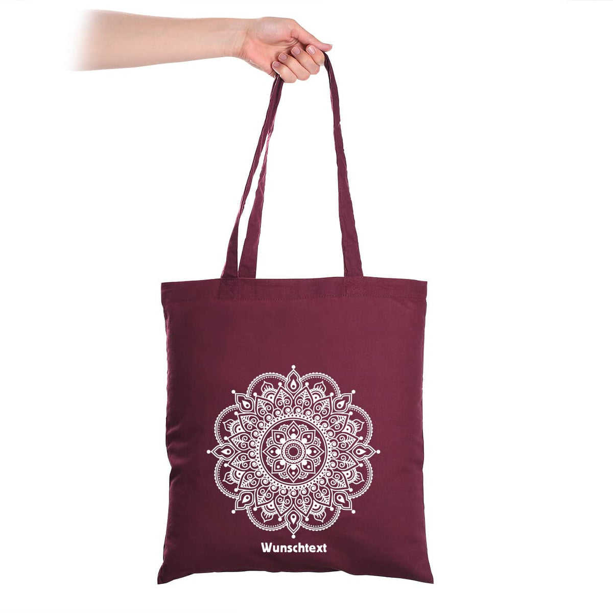 Beutel in dunkelrot mit Mandala und Wunschtext