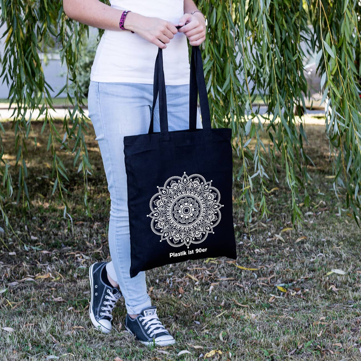 Beutel in schwarz mit Mandala und Wunschtext