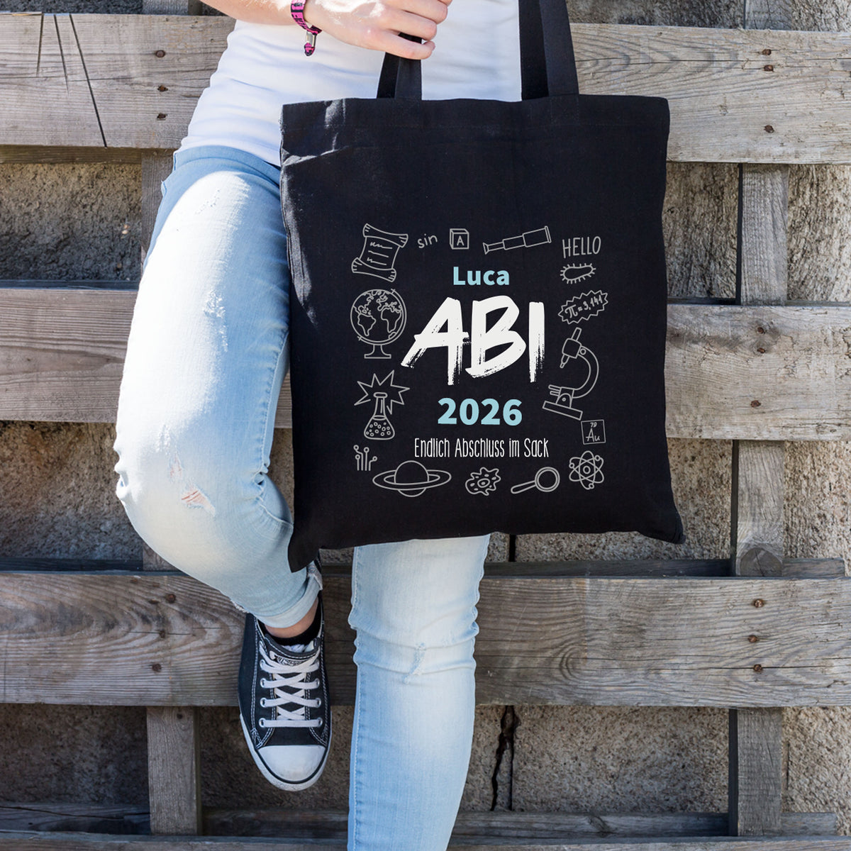 Baumwolltasche zum bestandenen Abitur mit Name "Luca", Jahr und Wunschtext
