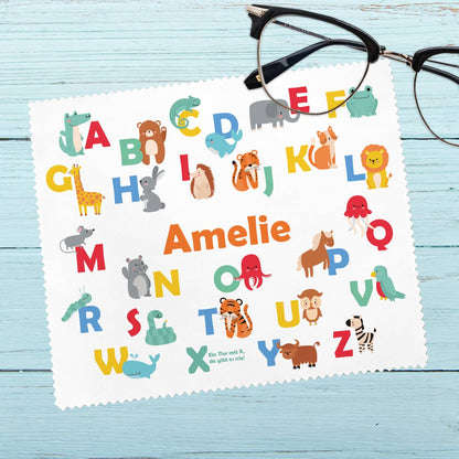 ABC mit Tieren und Name bedrucktes Brillenputztuch