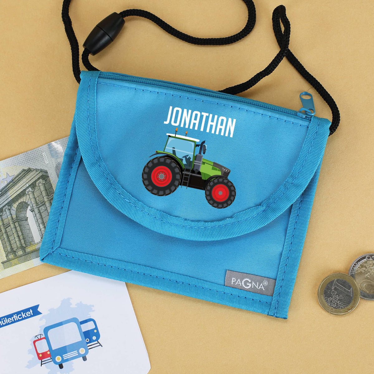 Traktor Brustbeutel in Blau mit Name