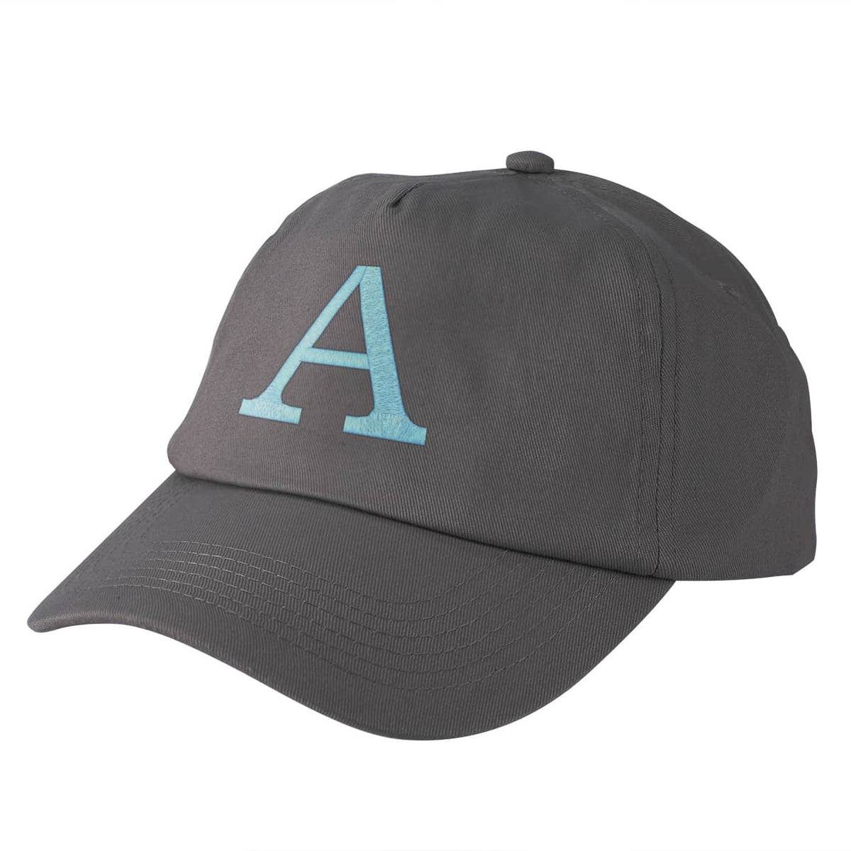 Graues Kinder-Basecap mit Initiale in hellblau bestickt