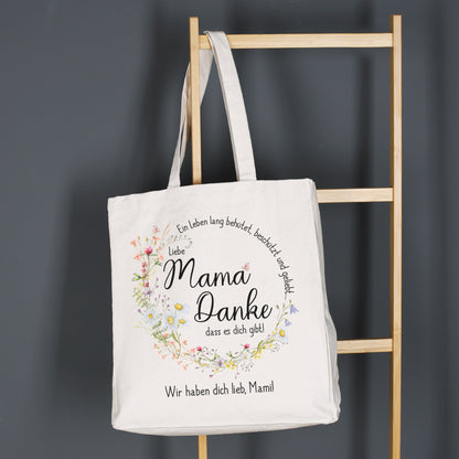 Baumwolltasche mit Mama-Motiv am Kleiderständer – Einkaufstasche aus Baumwolle mit langem Henkel und herzförmigem Blumendesign, perfekt für den täglichen Gebrauch.