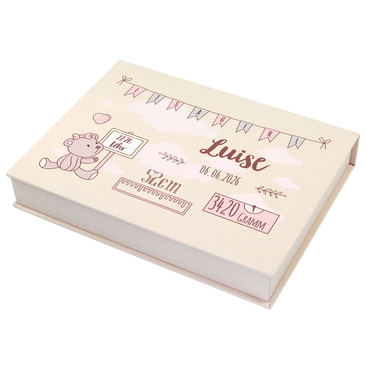 Personalisierte Fotobox zur Geburt mit It’s a girl Motiv, Name und Geburtsdaten auf hellem Hintergrund