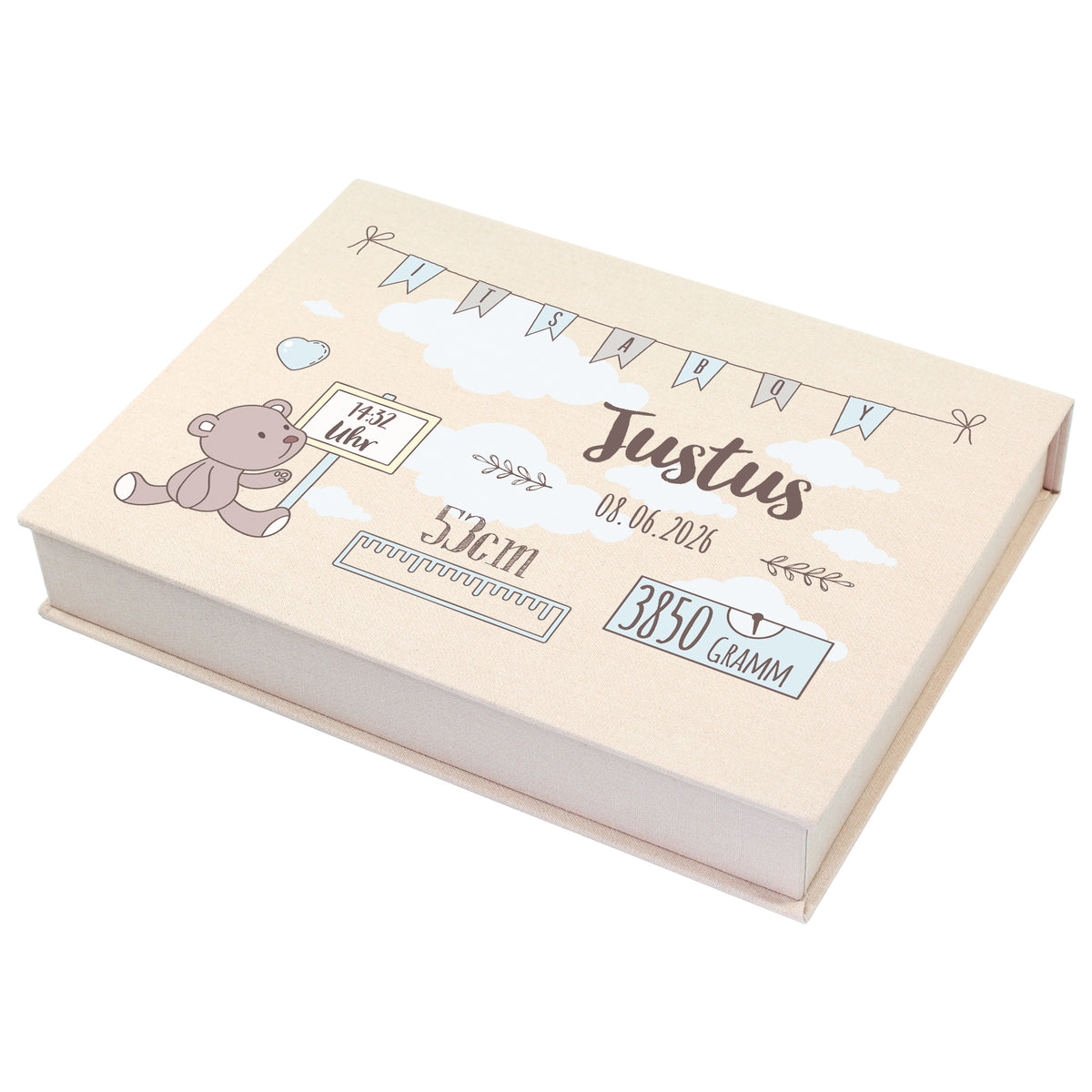 Personalisierte Fotobox zur Geburt mit It’s a boy Motiv, Name und Geburtsdaten auf hellem Hintergrund