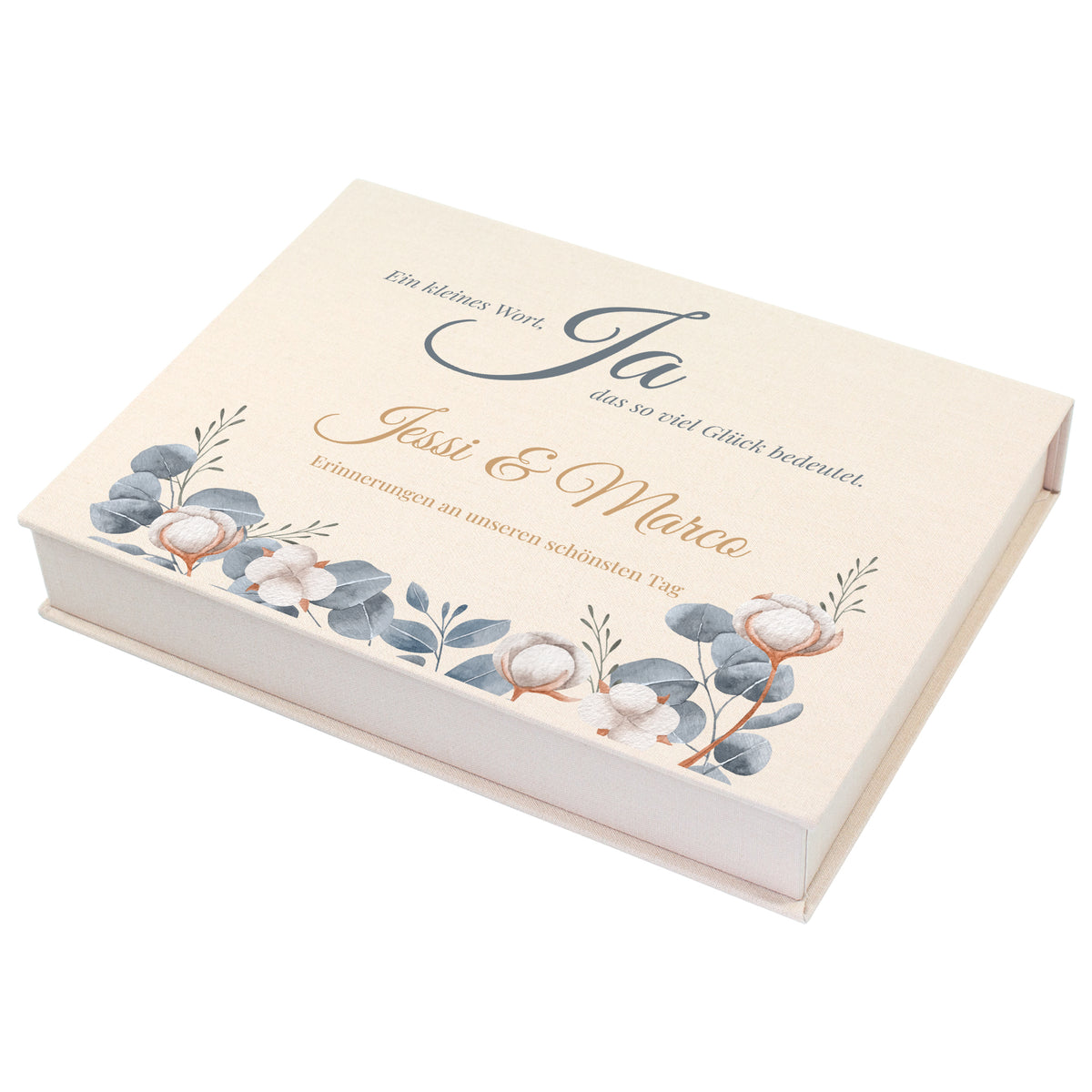 Personalisierte Hochzeitsbox mit Spruch „Ein kleines Wort, Ja“ sowie Namen und Wunschtext auf hellem Hintergrund