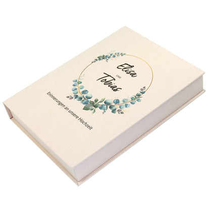 Handgefertigte Erinnerungsbox zur Hochzeit | Personalisierte Fotobox in Buch Form mit Eukalyptus Kranz
