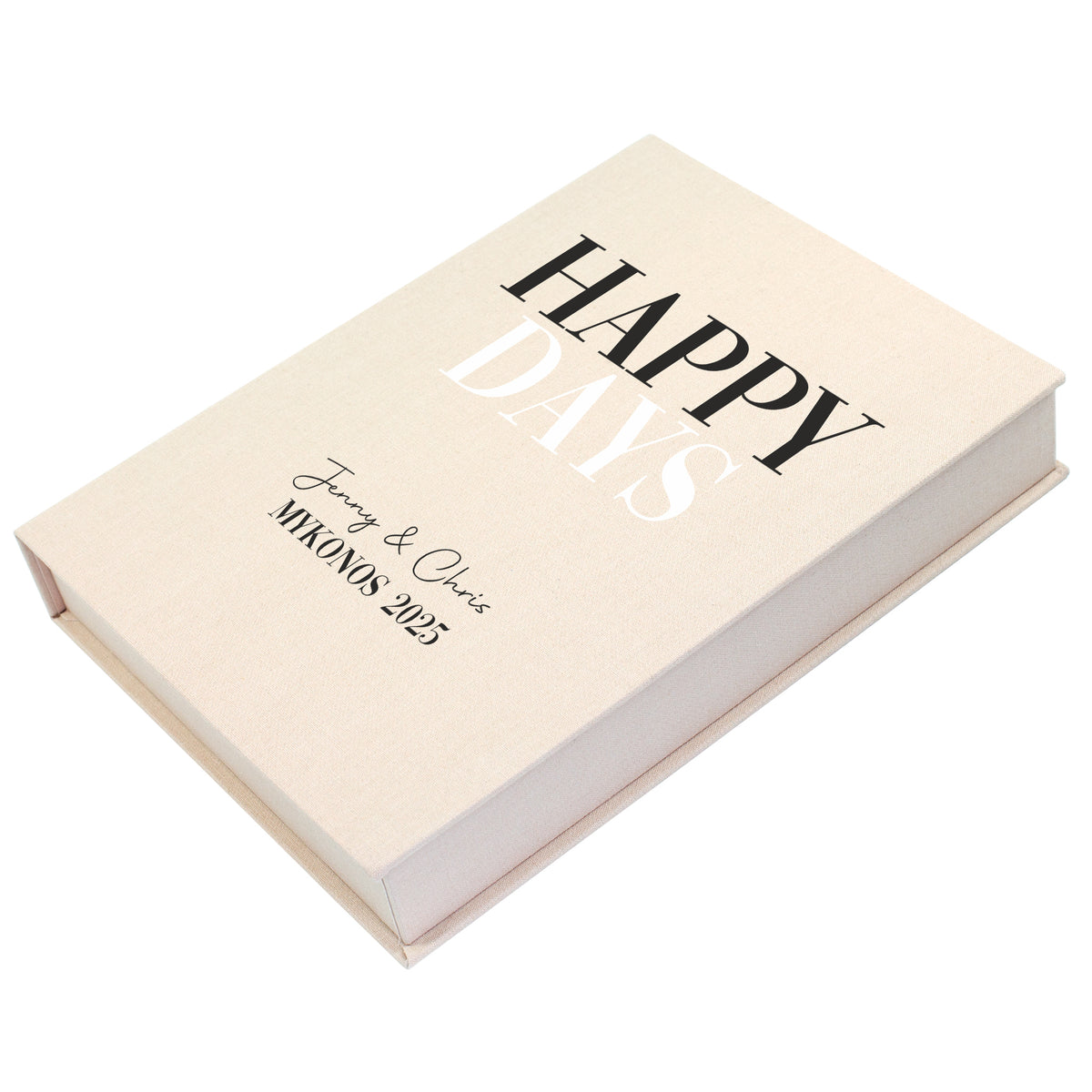 Personalisierte Erinnerungsbox in Beige mit Happy Days Aufdruck freigestellt auf weißem Hintergrund