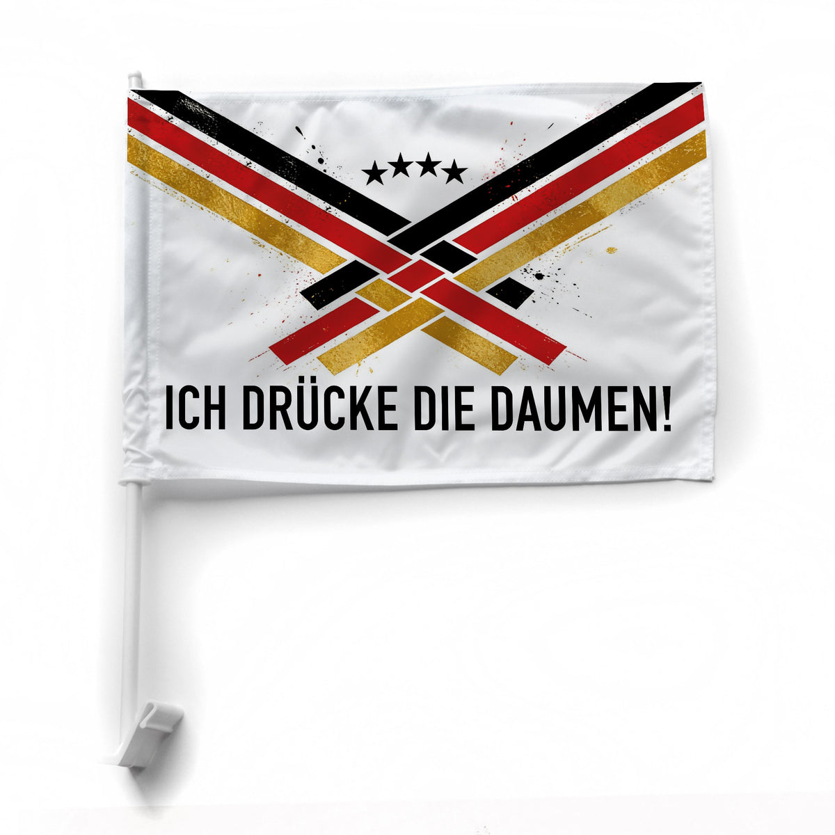 Fußball Autofahne mit Wunschtext Ich drücke die Daumen, Schwarz-Rot-Gold-Motiv und Kunststoffhalterung