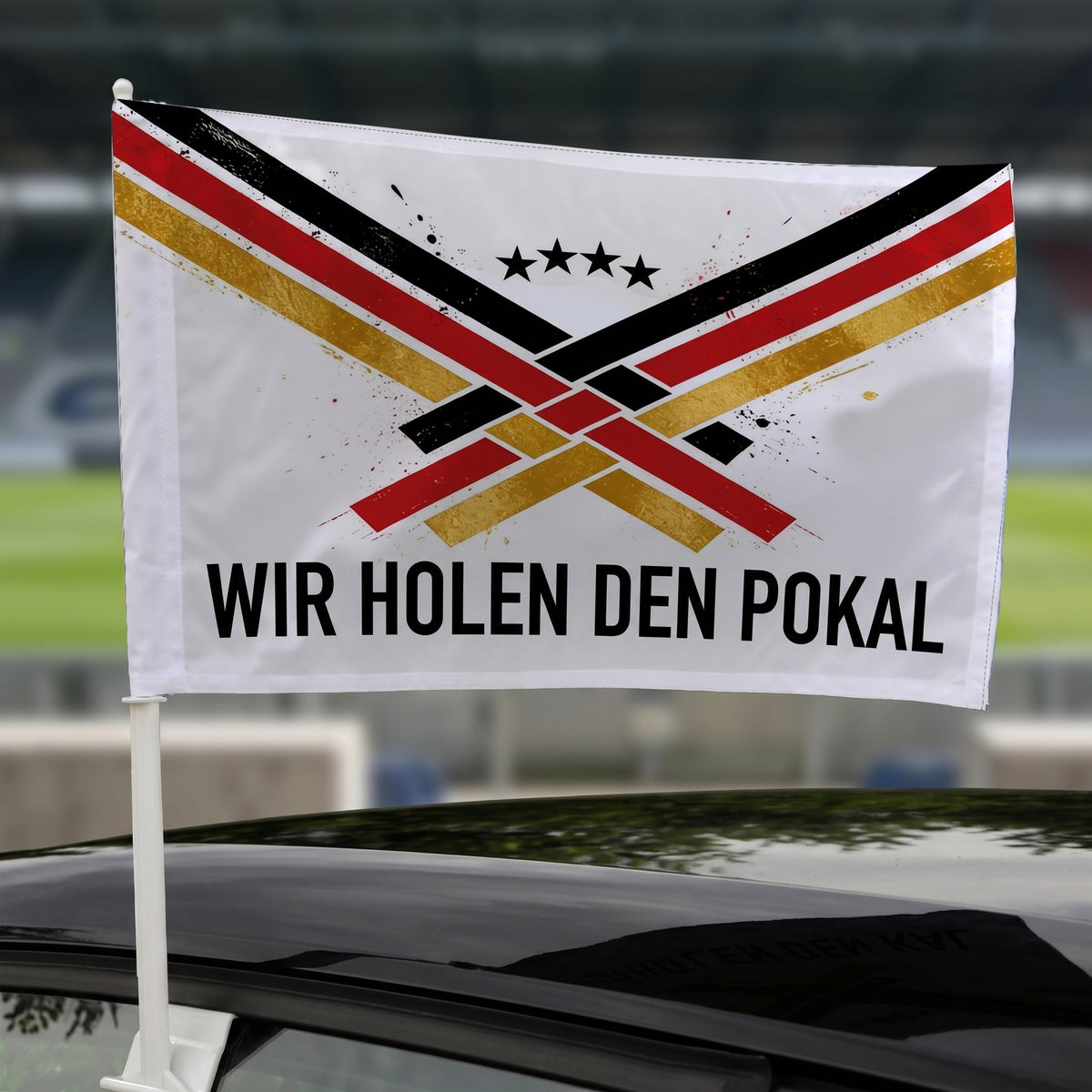 Fußball Autofahne mit Wunschtext Wir holen den Pokal, Schwarz-Rot-Gold-Motiv und vier Sternen