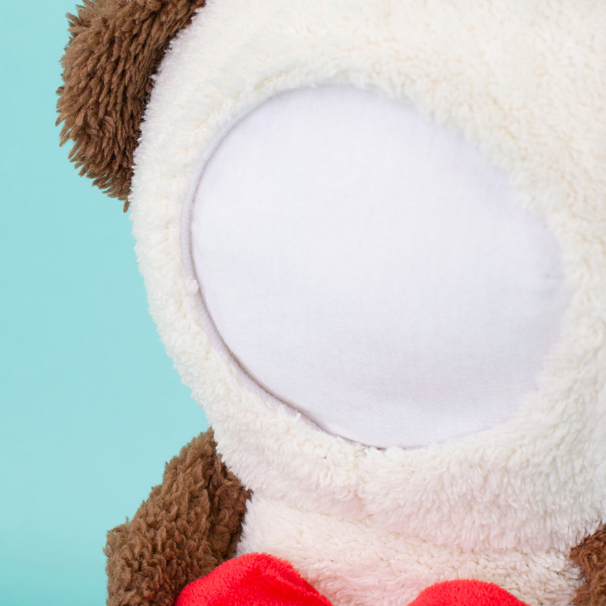 Detailaufnahme der runden Aussparung für das eigene Foto im Gesicht des Teddys
