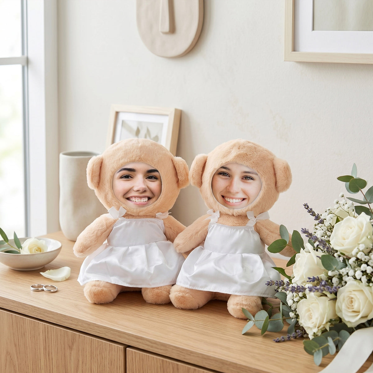 Lustige Braut-Teddys mit Foto-Gesichtern bedruckt