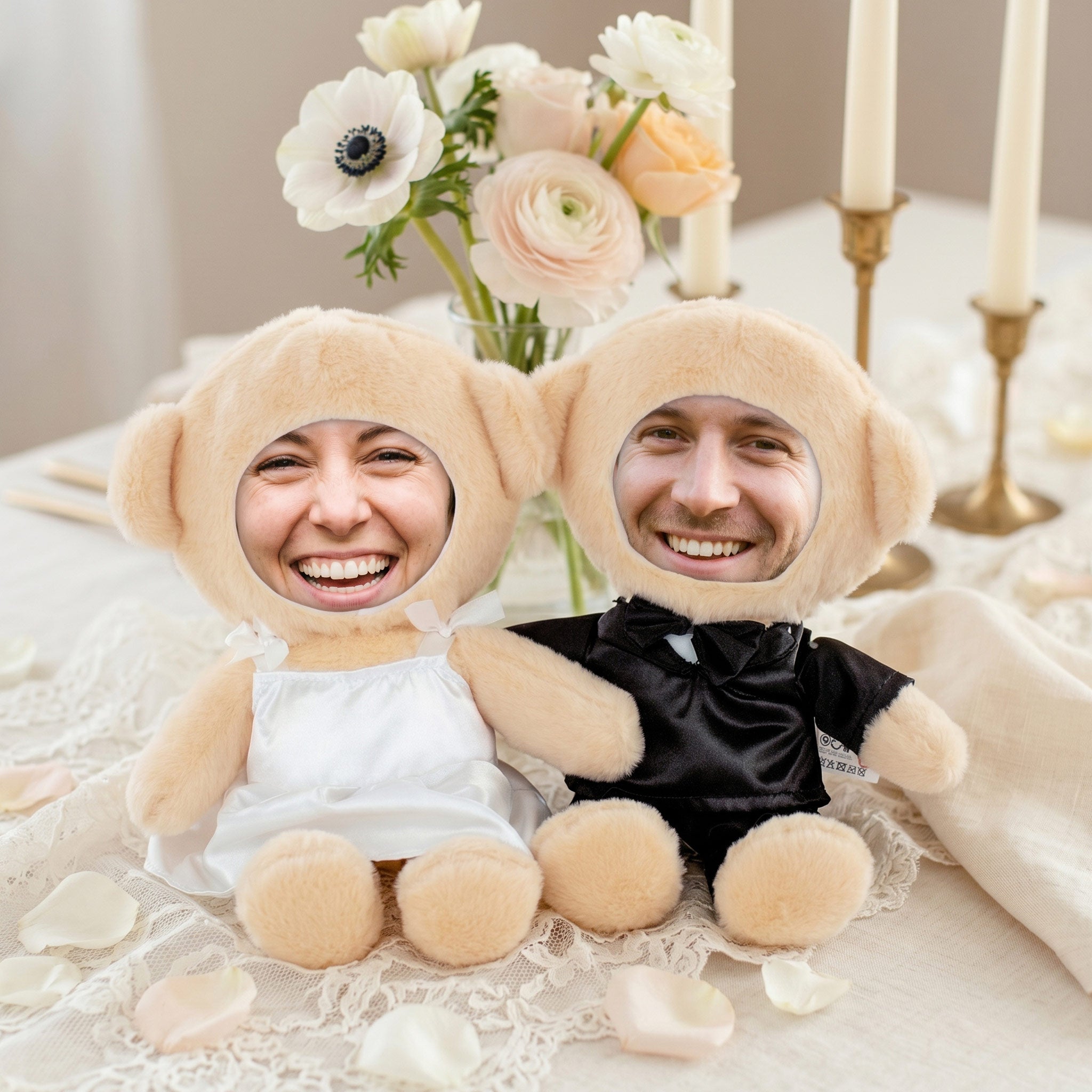 Kuscheltiere Braut und Bräutigam mit Fotogesichtern bedruckt