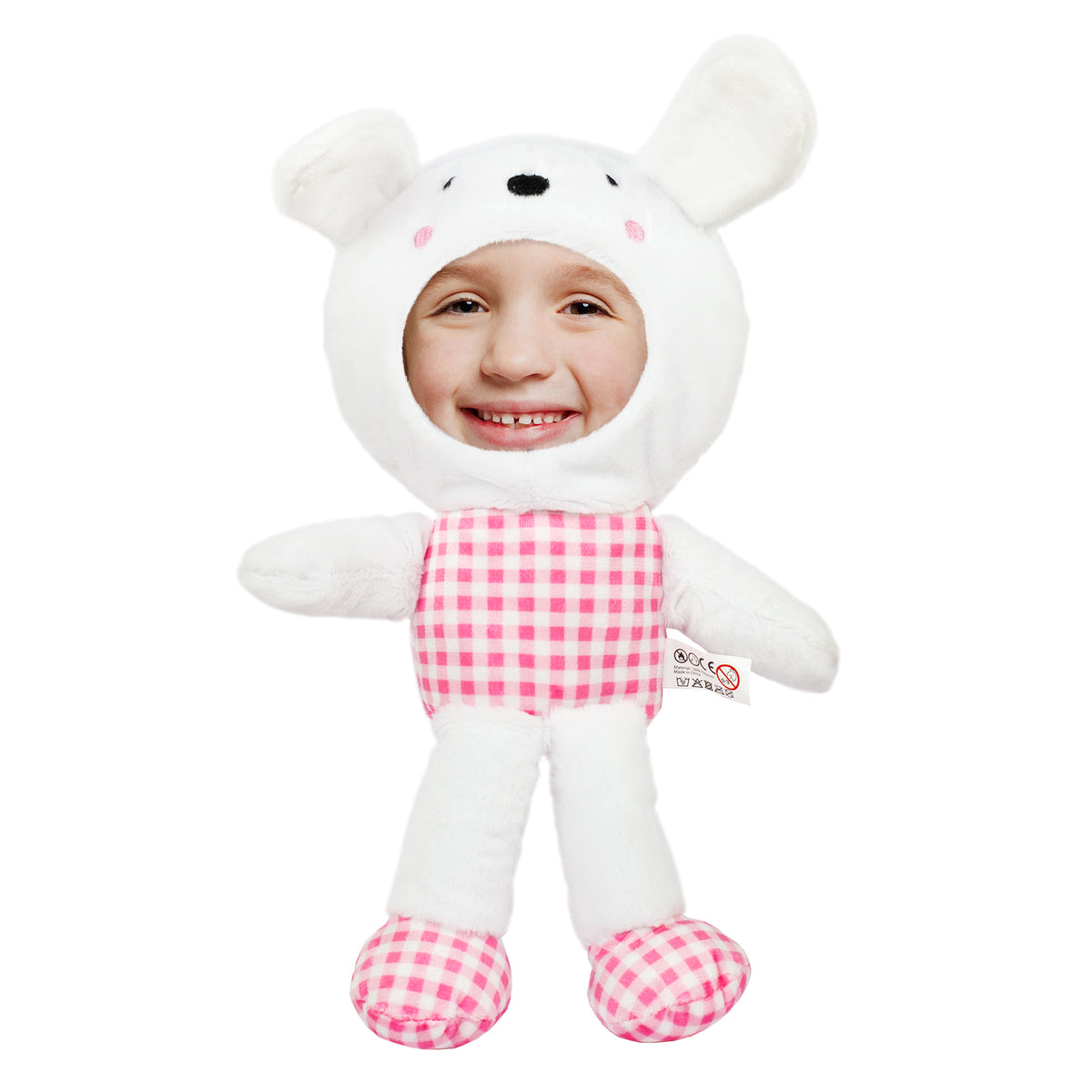 Freigestelltes Kuscheltier Hase mit eigenem Fotogesicht und rosa-weiß kariertem Körper